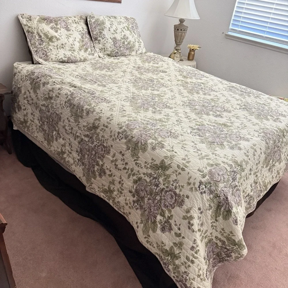 Vtg Cottagecore Quilt Full Queen Floral Shams Rose Reversible Striped Bedspread